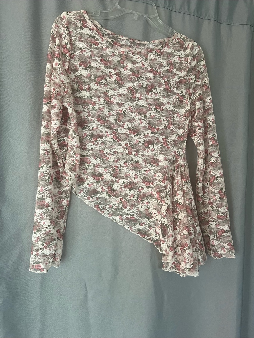 Asymmetric Floral Lace Long-Sleeve Tunic - Pink/White